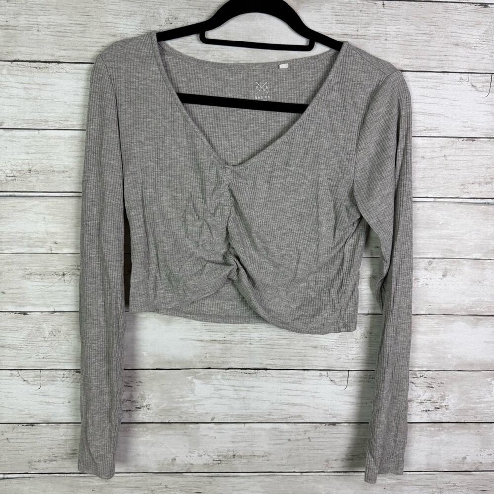 Pac Sun Ribbed Ruched Front Long Sleeve Crop Top Gray Size Large